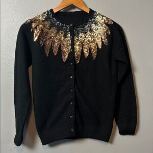 Vintage Sequin decorated neck black long sleeve festive cardigan size S